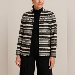 CHICO’S Black White Sequin Textured Knit Jacket  Modern Artsy Stripe L 12 (sz 2)